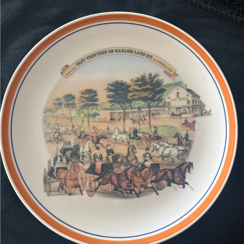 Vintage Horse Racing Decorative Plate Scene from Fast Trotters On Harlem Lane NY